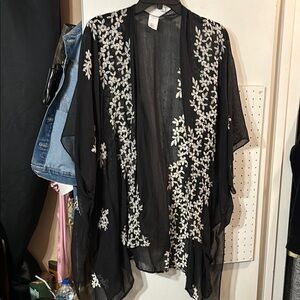 Black Sheer Kimono with White Floral Embroidery